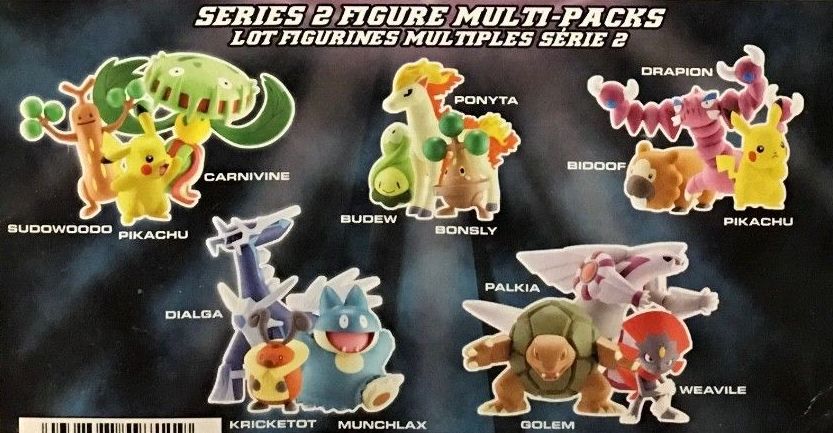 Jakks Pacific Pokemon 3 Packs Series 2 Sudowoodo, Pikachu, Carnivine
Sudew, Ponyta, Bonsly
Bidoof, Drapion, Pikachu
Palkia, Golem, Weavile
Kricketot, Munchlax, Dialga
