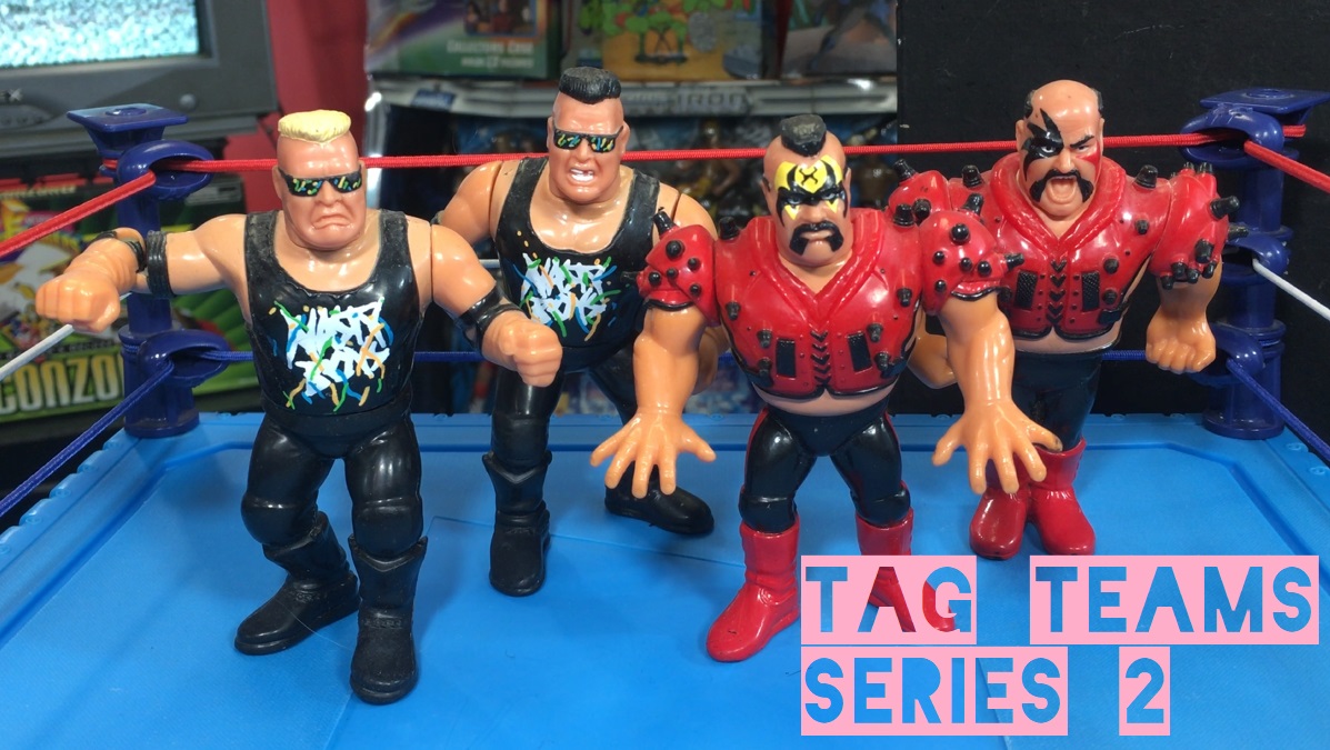 WWF Wrestling Hasbro WWE Hasbro Blue Cards Tag Team Series Legion of Doom LOD Road Warriors Hawk and Animal and The Nasty Boys Brian Knobbs and Jerry Saggs Knobs Figures