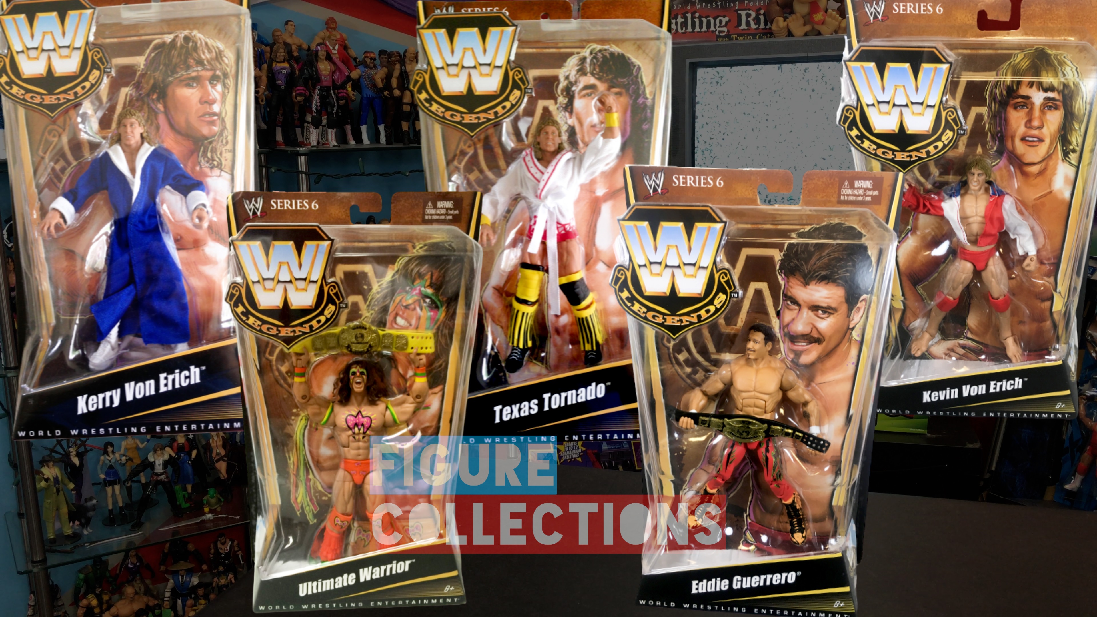 WWE Wrestling Mattel Elite Legends Series 6 Eddie Guerrero Kerry Von Erich Kevin Von Erich Texas Tornado The Ultimate Warrior Figures Set Picture Checklist