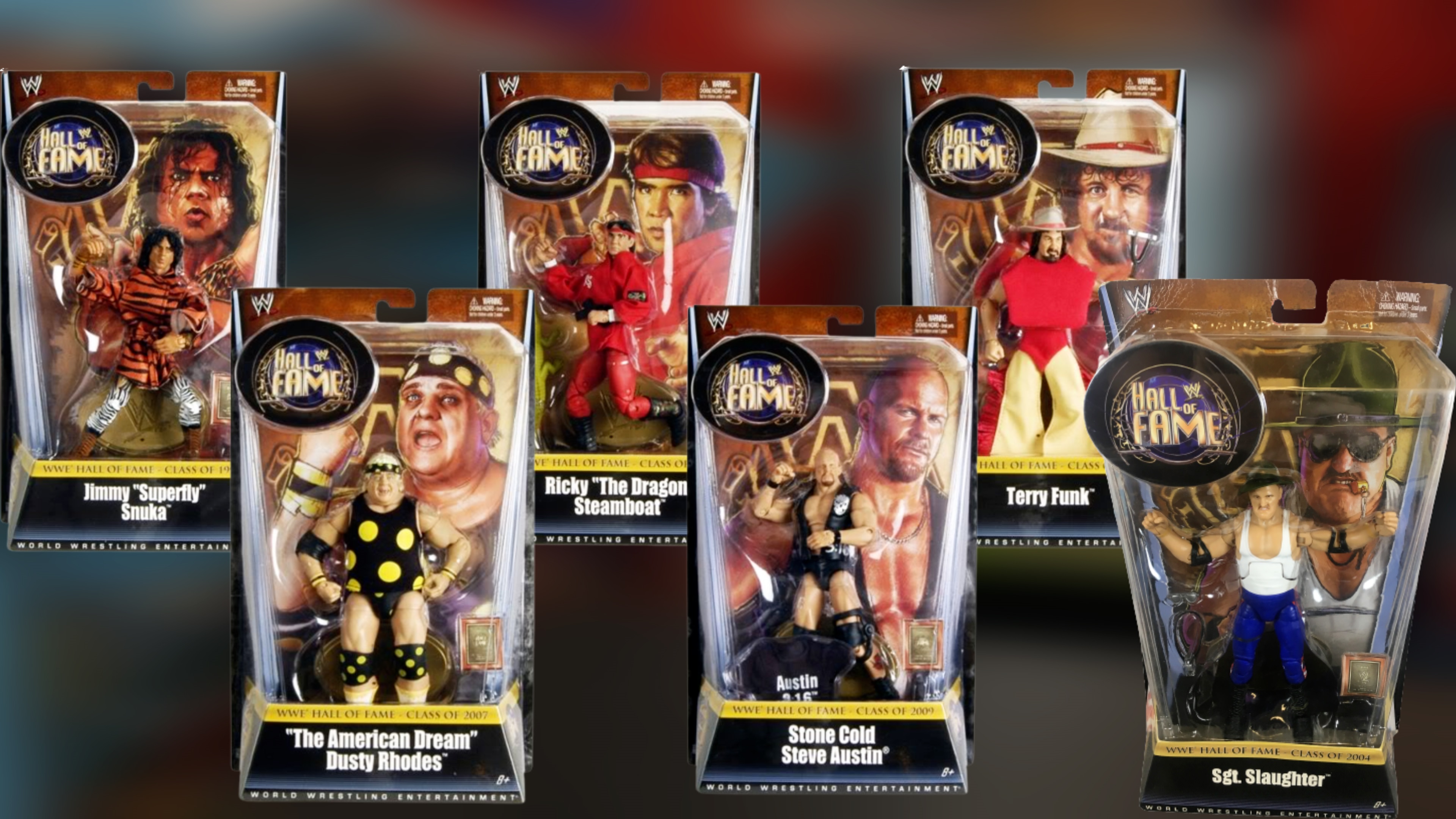 WWE Wrestling Mattel Elite Legends Series Hall of Fame K-Mart Exclusive Sgt Slaughter Jimmy Snuka Steve Austin Dusty Rhodes Terry Funk Ricky Steamboat Figures Set Picture Checklist